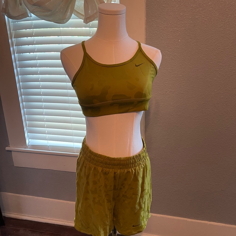 Nike Indy Olive Green Sports Bra and Shorts Set